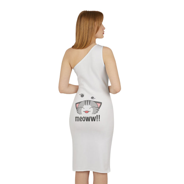 Chic One-Shoulder Cat Lover Dress - 'Made Royally' & Cute Meow Design